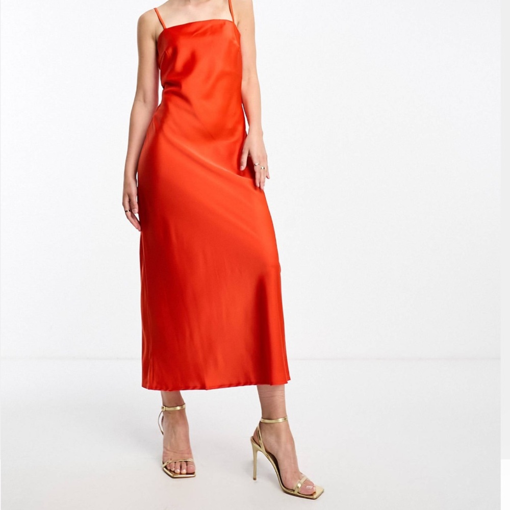 Pieces Satin Midi Dress in Coral Red Medium